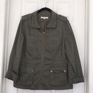 LOFT green military jacket with lace collar